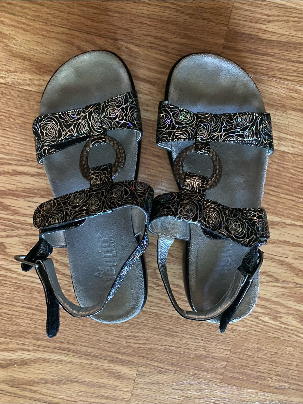 Alegria Black Floral Metallic Strap Sandals